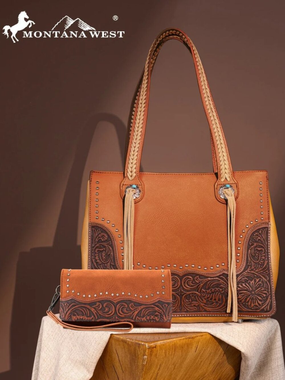 Montana West Tooled Collection Concealed Carry Tote+Wallet Brown
